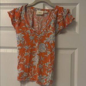 Anthropologie Orange Ruffled Cap Sleeve Blouse